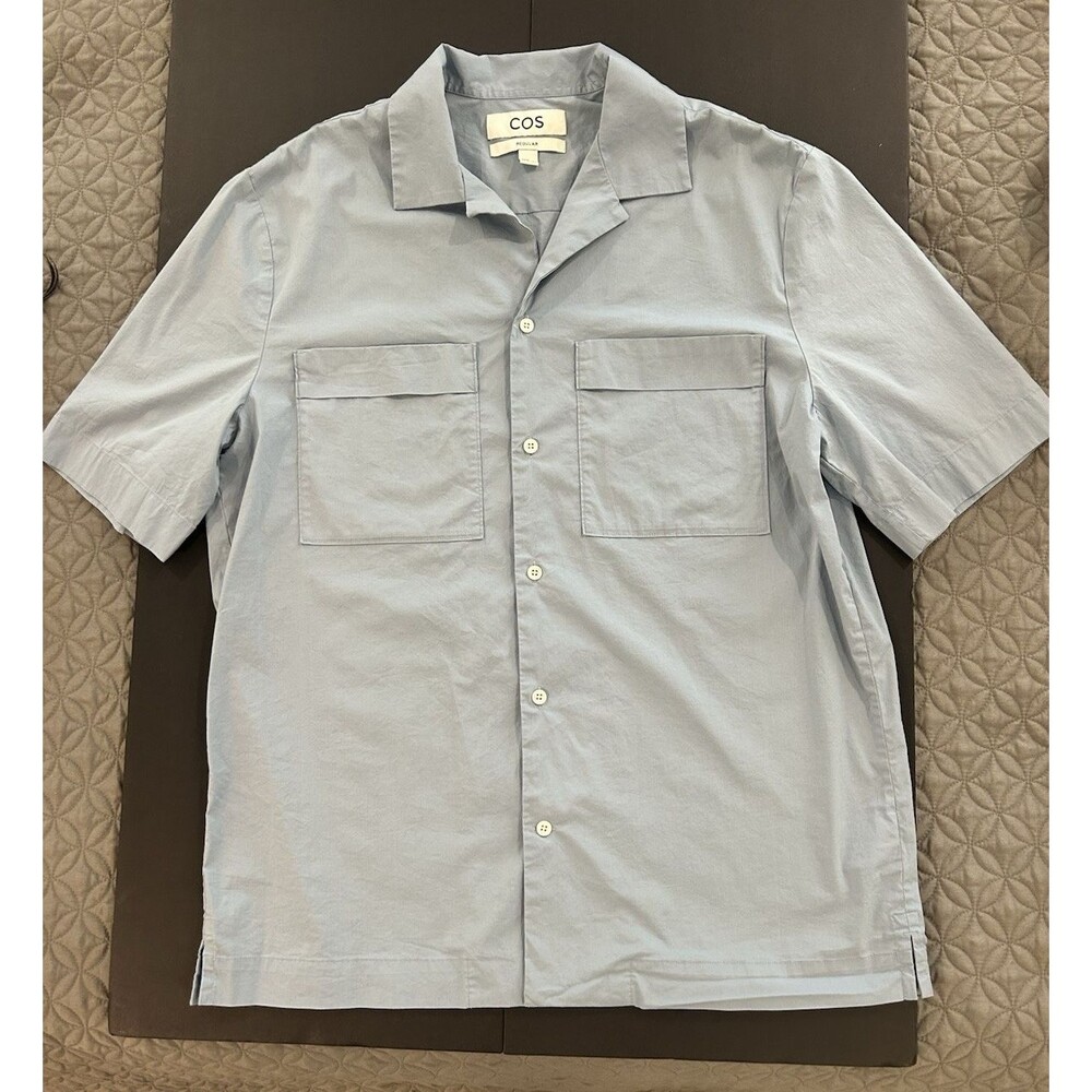 COS Utility Cotton Short Sleeve Shirt Mens Medium Blue Camp Collar EUC